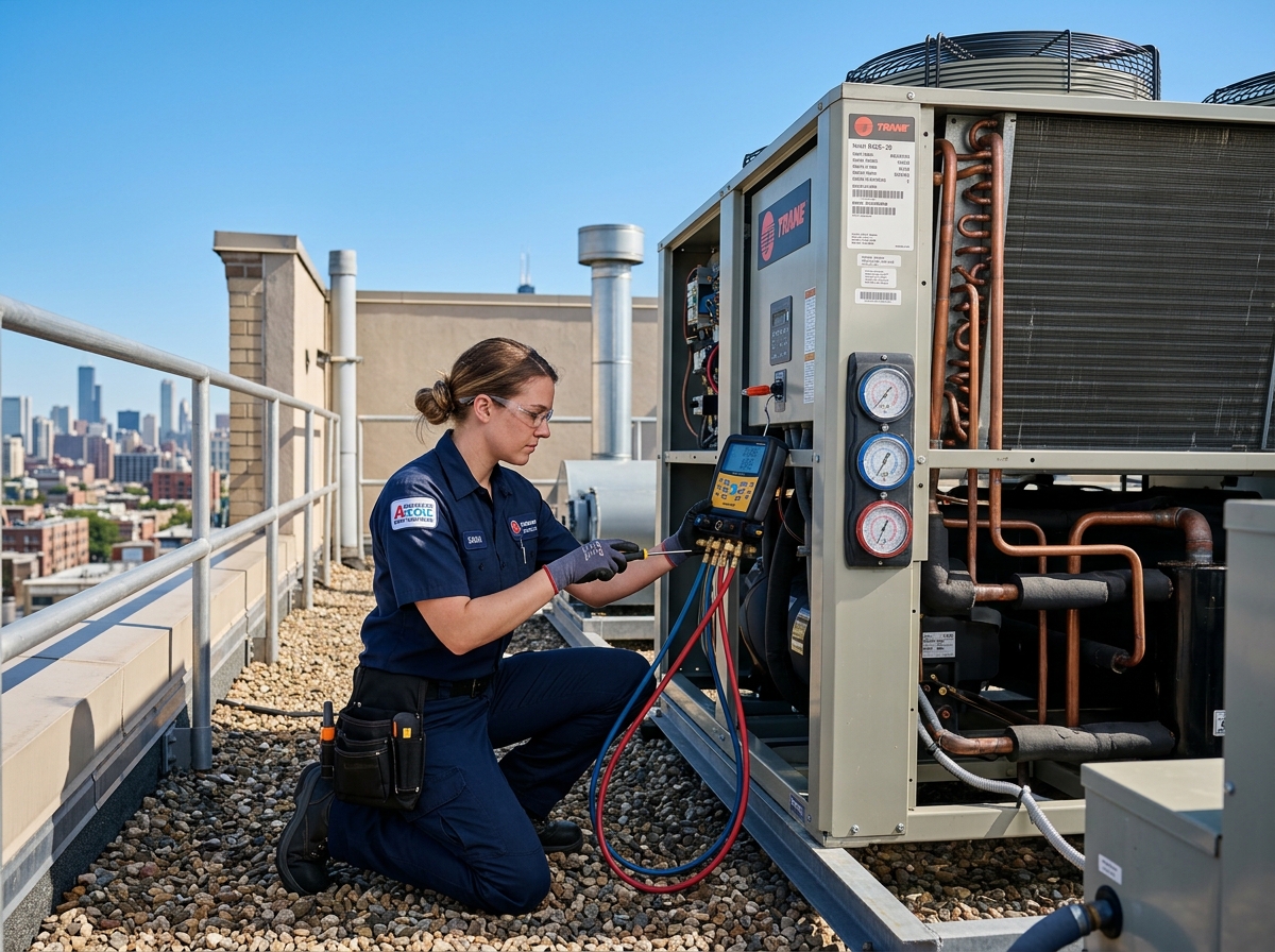 HVAC Technician inspecting commercial cooling unit